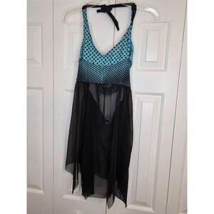 Halter‎ Coverup Sexy Cross Back Teal Black Polka Dot Sheer Skirt XS